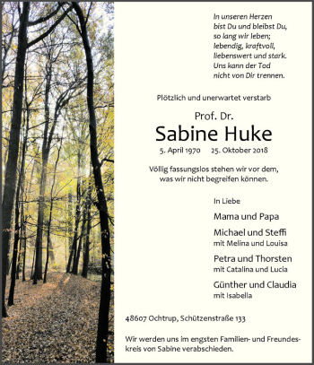 Anzeige von Sabine Huke von Westfälische Nachrichten
