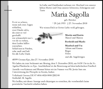 Anzeige von Maria Sagolla von Westfälische Nachrichten