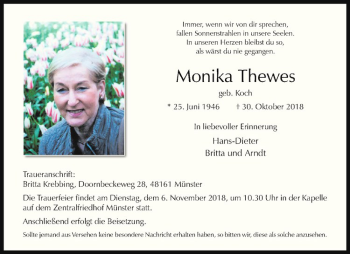 Anzeige von Monika Thewes von Westfälische Nachrichten