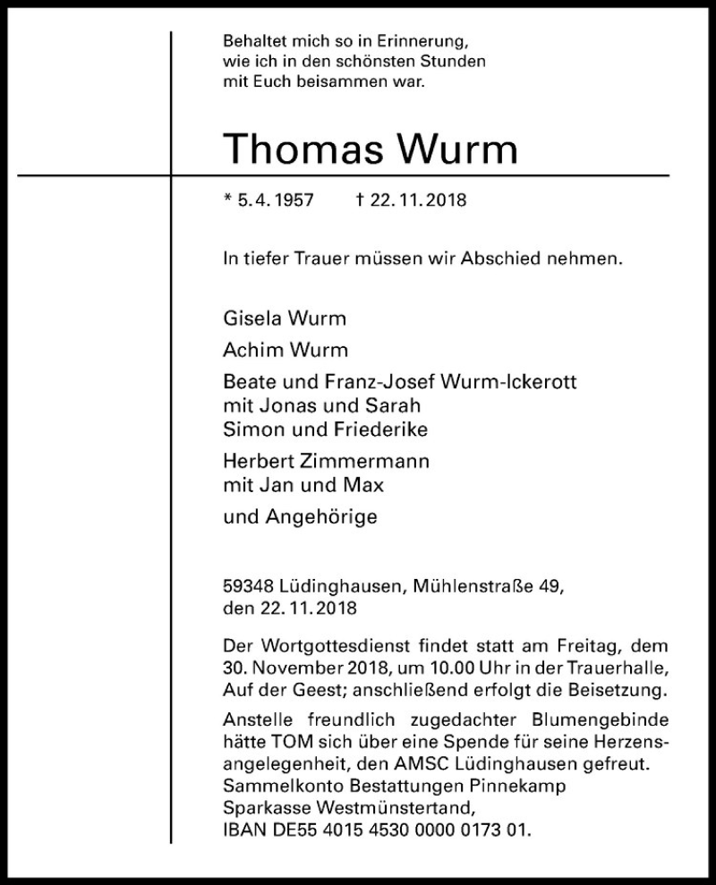  Traueranzeige für Thomas Wurm vom 27.11.2018 aus Westfälische Nachrichten