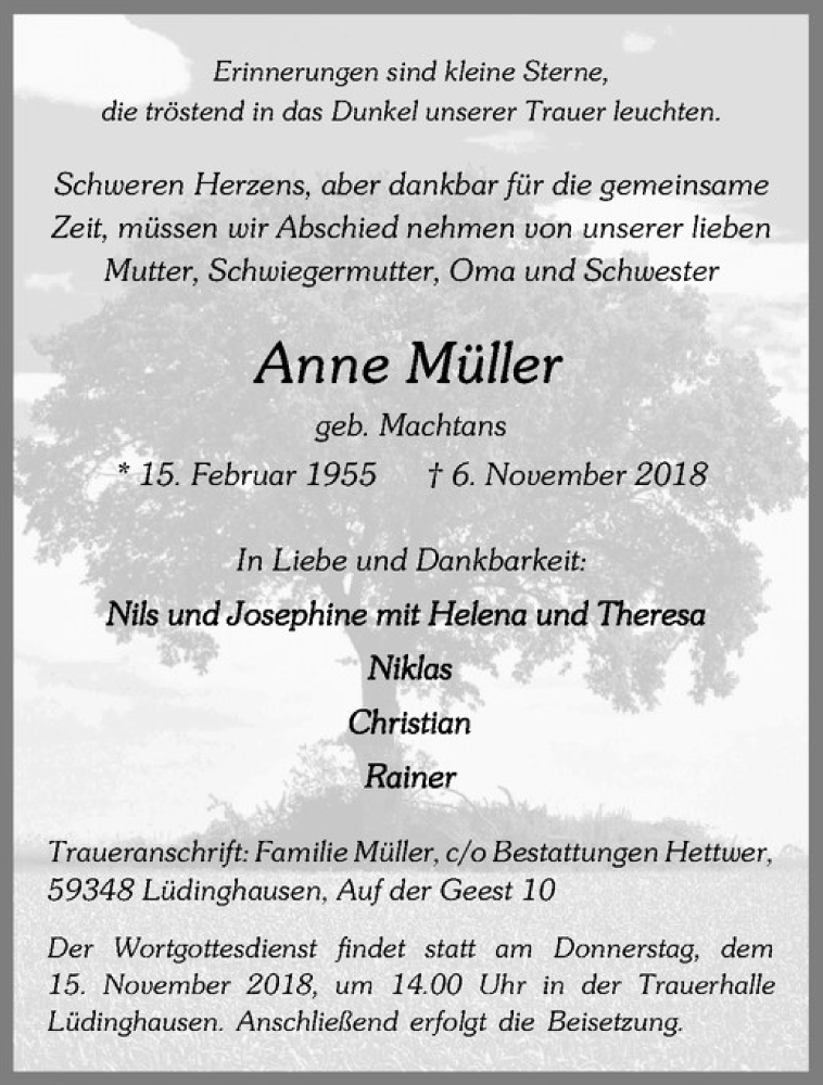 Traueranzeige für Anne Müller vom 10.11.2018 aus Westfälische Nachrichten