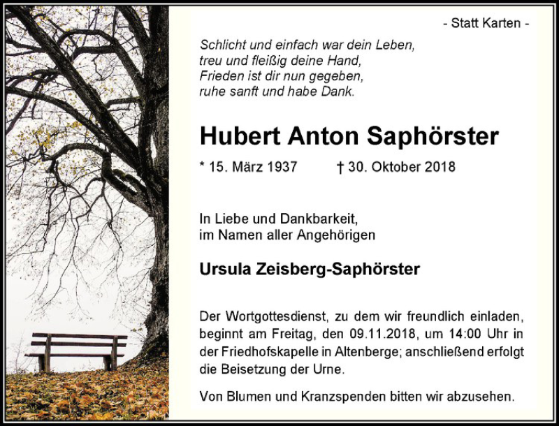  Traueranzeige für Hubert  Anton Saphörster vom 07.11.2018 aus Westfälische Nachrichten