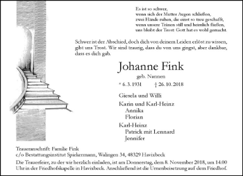 Anzeige von Johanne Fink von Westfälische Nachrichten