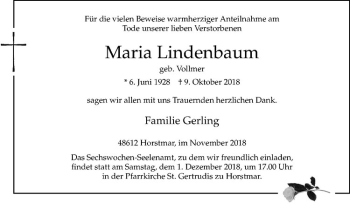 Anzeige von Maria Lindenbaum von Westfälische Nachrichten