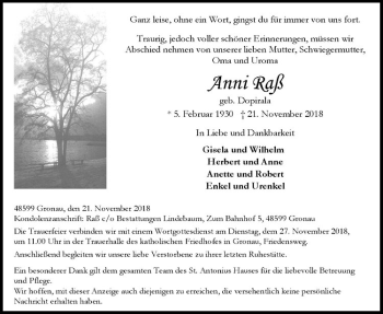 Anzeige von Anni Raß von Westfälische Nachrichten