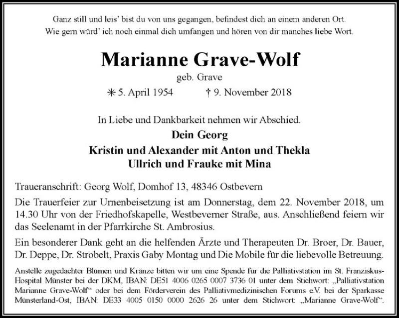  Traueranzeige für Marianne Grave-Wolf vom 17.11.2018 aus Westfälische Nachrichten