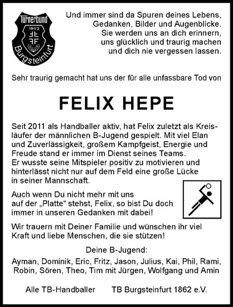  Traueranzeige für Felix Hepe vom 10.11.2018 aus Westfälische Nachrichten