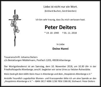 Anzeige von Peter Deiters von Westfälische Nachrichten