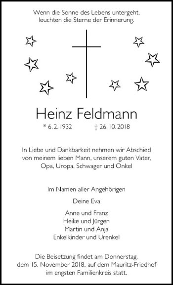 Anzeige von Heinz Feldmann von Westfälische Nachrichten