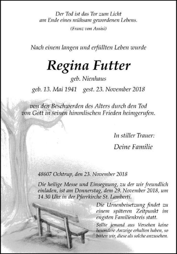  Traueranzeige für Regina Futter vom 27.11.2018 aus Westfälische Nachrichten