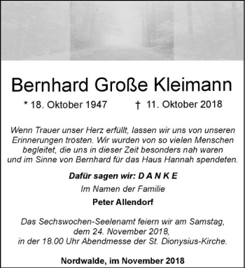 Anzeige von Bernhard Große Kleimann von Westfälische Nachrichten