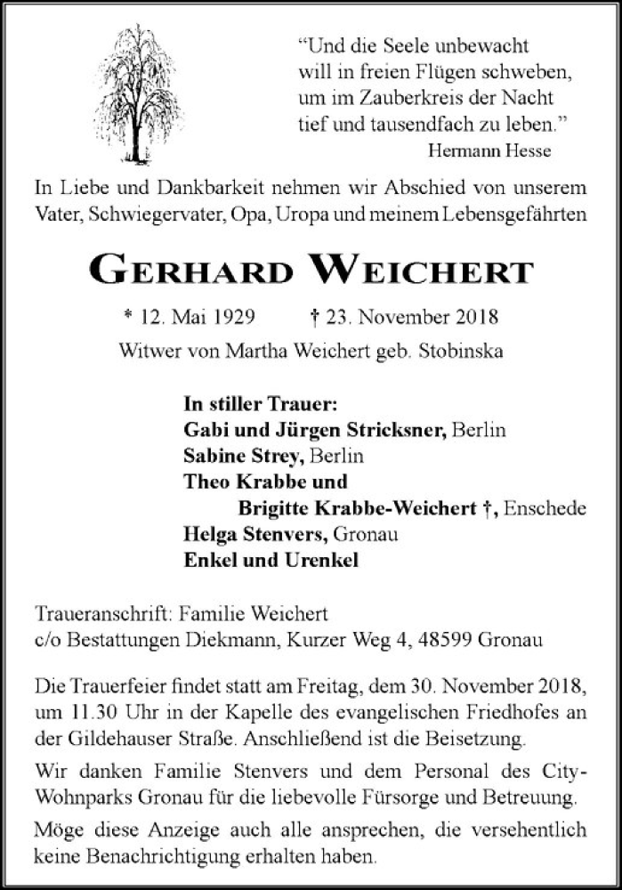  Traueranzeige für Gerhard Weichert vom 27.11.2018 aus Westfälische Nachrichten