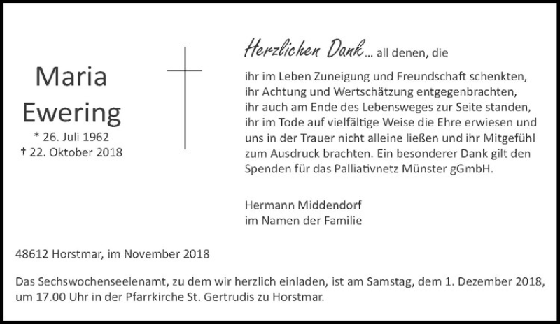  Traueranzeige für Maria Ewering vom 28.11.2018 aus Westfälische Nachrichten