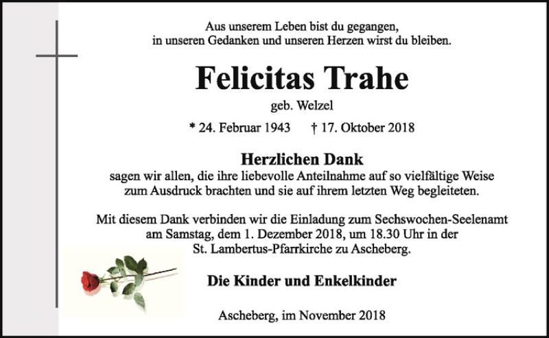  Traueranzeige für Felicitas Trahe vom 24.11.2018 aus Westfälische Nachrichten