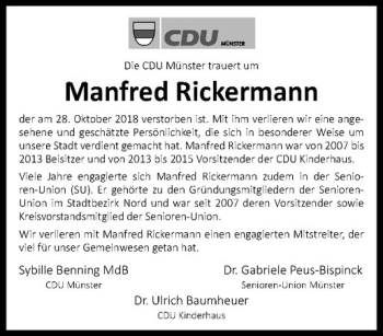 Anzeige von Manfred Rickermann von Westfälische Nachrichten