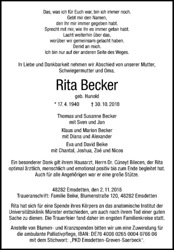  Traueranzeige für Rita Becker vom 03.11.2018 aus Westfälische Nachrichten