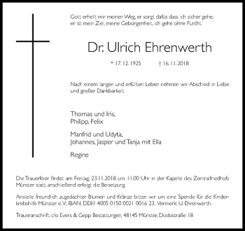 Anzeige von Ulrich Ehrenwerth von Westfälische Nachrichten