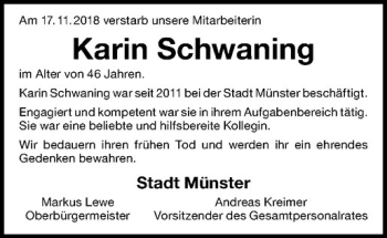 Anzeige von Karin Schwaning von Westfälische Nachrichten