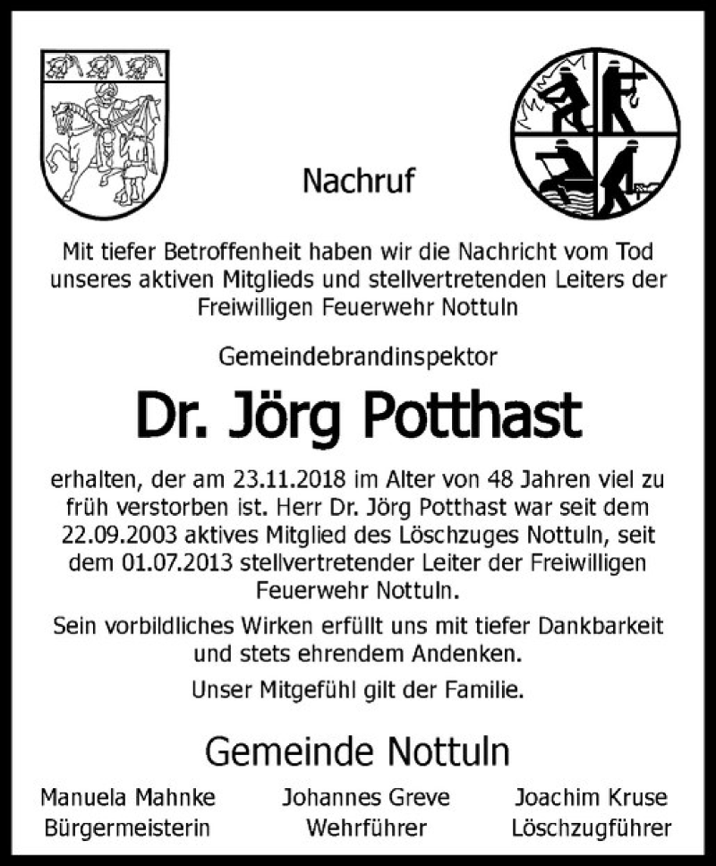  Traueranzeige für Jörg Potthast vom 30.11.2018 aus Westfälische Nachrichten
