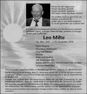 Anzeige von Leo Milte von Westfälische Nachrichten
