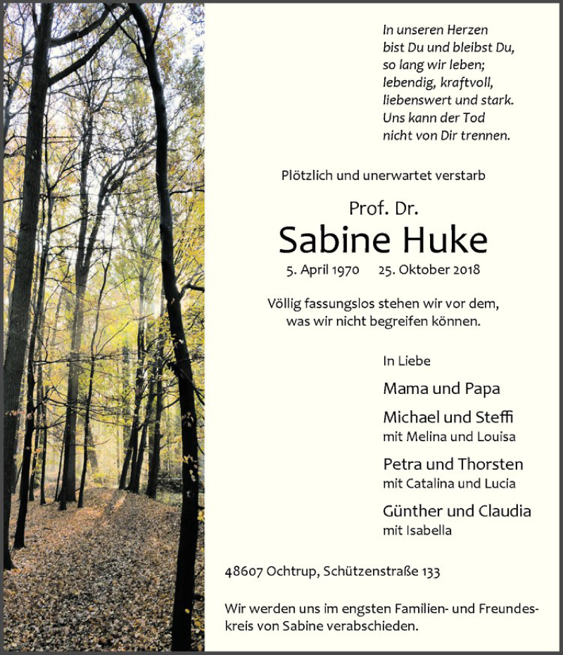  Traueranzeige für Sabine Huke vom 16.11.2018 aus Westfälische Nachrichten
