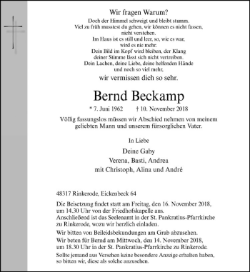 Anzeige von Bernd Beckamp von Westfälische Nachrichten
