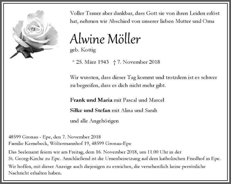  Traueranzeige für Alwine Möller vom 10.11.2018 aus Westfälische Nachrichten