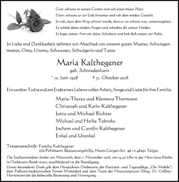 Anzeige von Maria Kalthegener von Westfälische Nachrichten