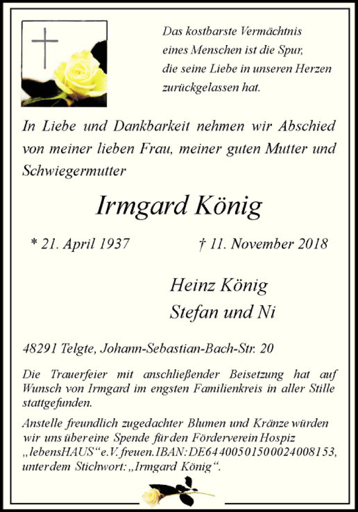  Traueranzeige für Irmgard König vom 24.11.2018 aus Westfälische Nachrichten