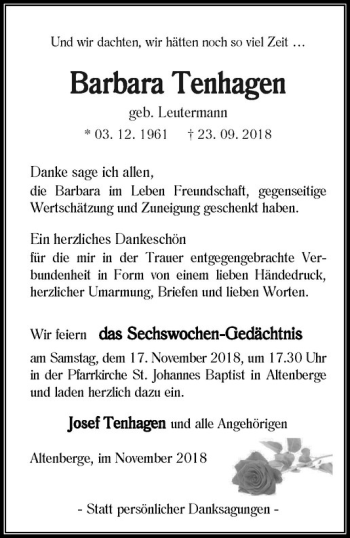 Anzeige von Barbara Tenhagen von Westfälische Nachrichten