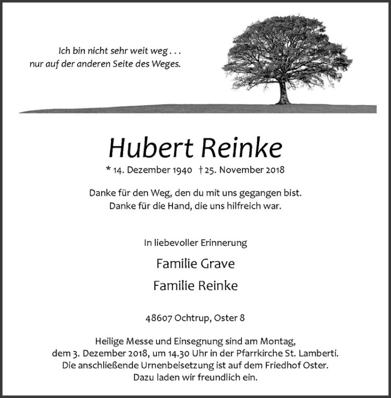  Traueranzeige für Hubert Reinke vom 28.11.2018 aus Westfälische Nachrichten