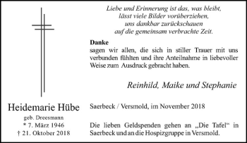 Anzeige von Heidemarie Hübe von Westfälische Nachrichten