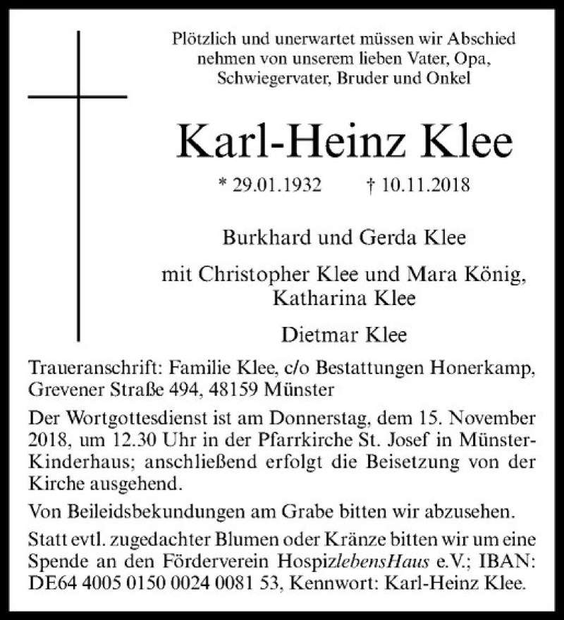  Traueranzeige für Karl-Heinz Klee vom 13.11.2018 aus Westfälische Nachrichten