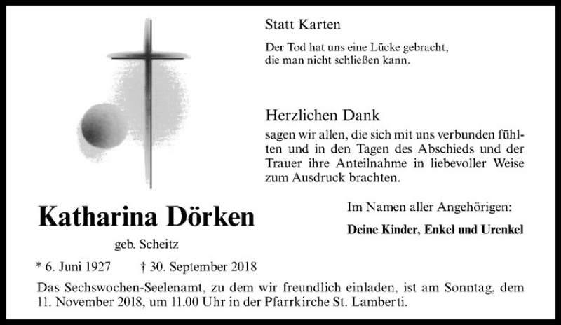  Traueranzeige für Katharina Dörken vom 07.11.2018 aus Westfälische Nachrichten