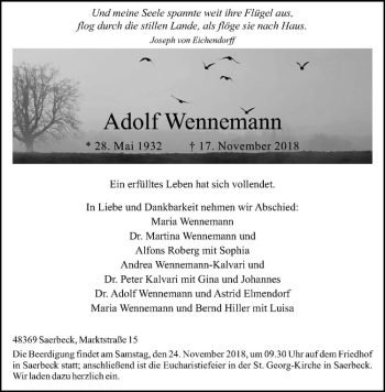 Anzeige von Adolf Wennemann von Westfälische Nachrichten