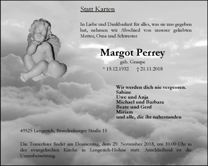  Traueranzeige für Margot Perrey vom 28.11.2018 aus Westfälische Nachrichten