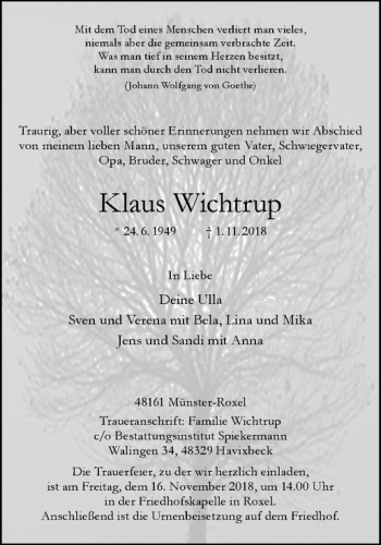 Anzeige von Klaus Wichtrup von Westfälische Nachrichten