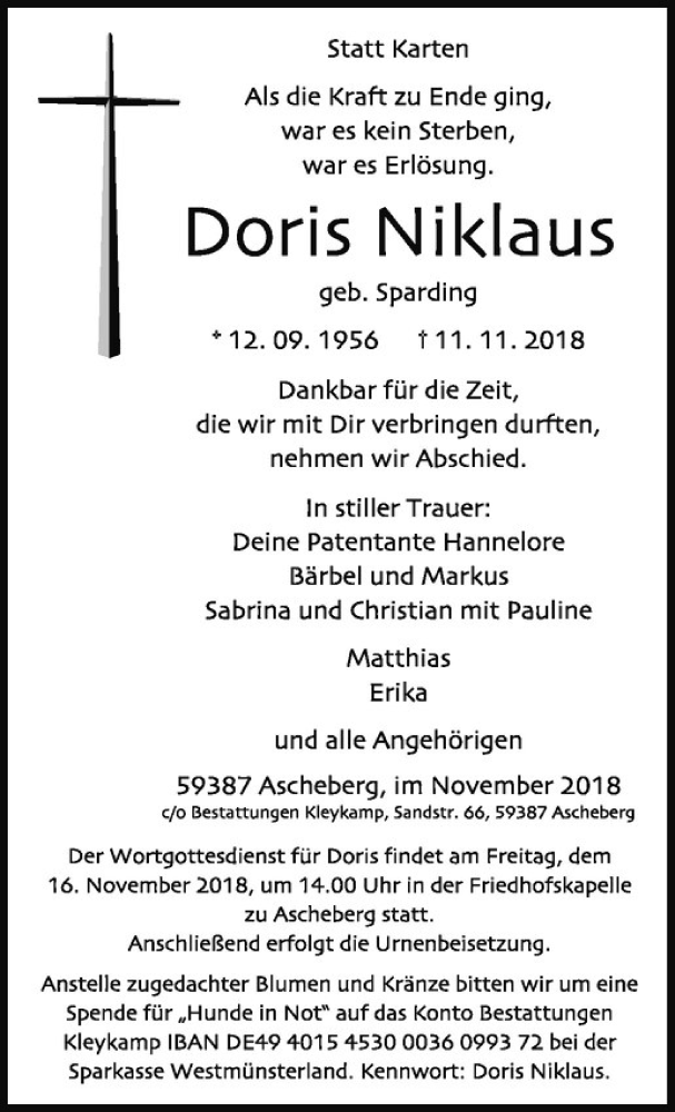  Traueranzeige für Doris Niklaus vom 13.11.2018 aus Westfälische Nachrichten