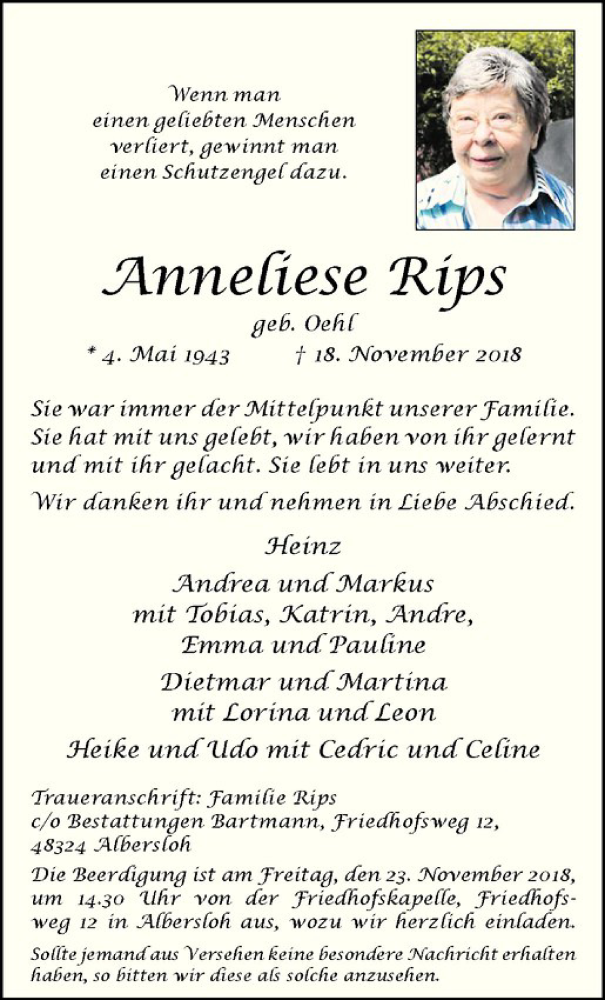  Traueranzeige für Anneliese Rips vom 21.11.2018 aus Westfälische Nachrichten