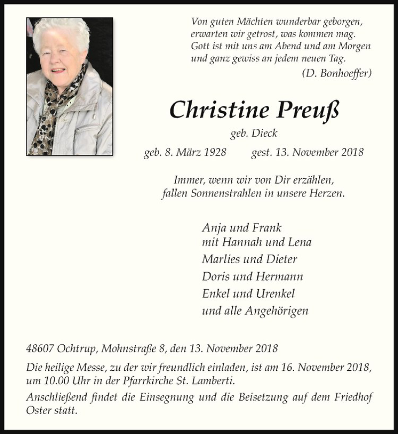  Traueranzeige für Christine Preuß vom 15.11.2018 aus Westfälische Nachrichten