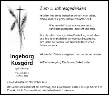 Anzeige von Ingeborg Kusgörd von Westfälische Nachrichten