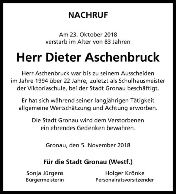 Anzeige von Dieter Aschenbruck von Westfälische Nachrichten