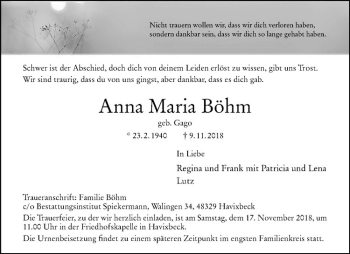 Anzeige von Anna Maria Böhm von Westfälische Nachrichten