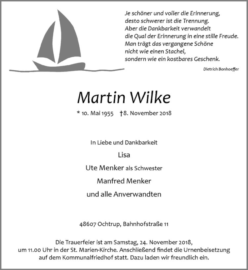  Traueranzeige für Martin Wilke vom 13.11.2018 aus Westfälische Nachrichten