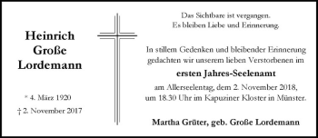 Anzeige von Heinrich Große Lordemann von Westfälische Nachrichten