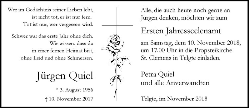 Traueranzeige für Jürgen Quiel vom 03.11.2018 aus Westfälische Nachrichten