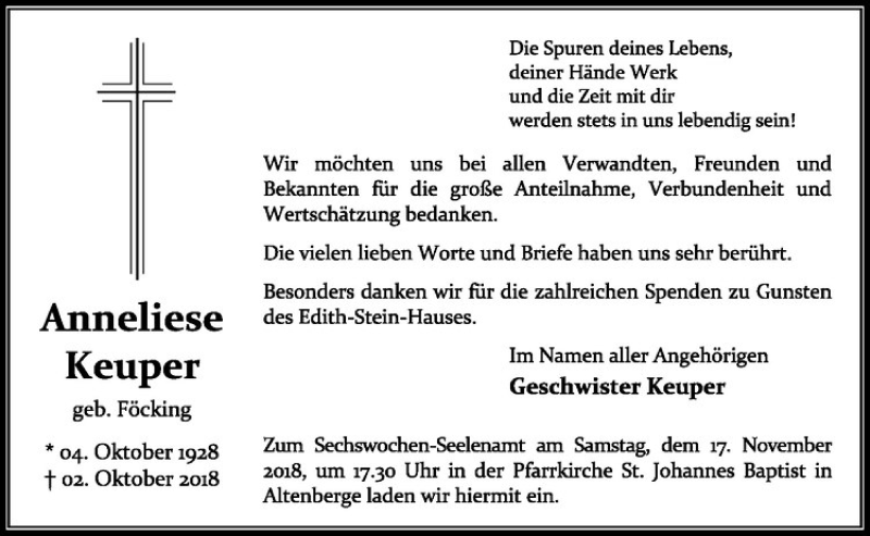  Traueranzeige für Anneliese Keuper vom 10.11.2018 aus Westfälische Nachrichten