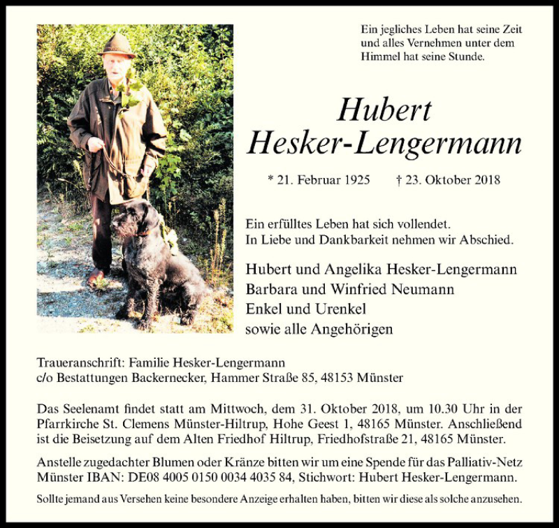  Traueranzeige für Hubert Hesker-Lengermann vom 27.10.2018 aus Westfälische Nachrichten