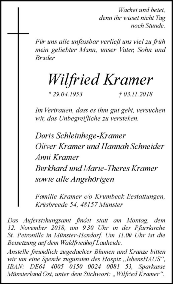 Anzeige von Wilfried Kramer von Westfälische Nachrichten