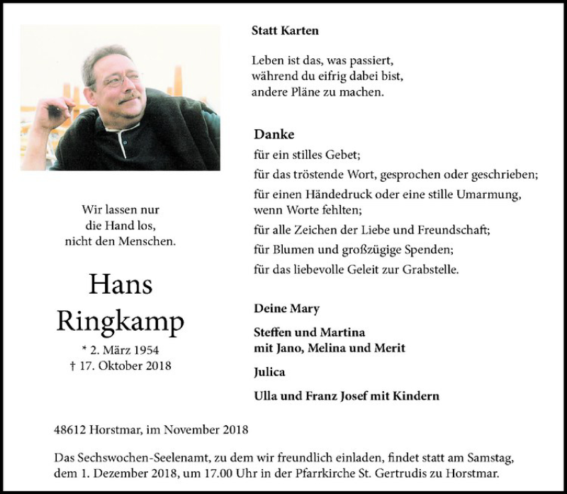  Traueranzeige für Hans Ringkamp vom 24.11.2018 aus Westfälische Nachrichten